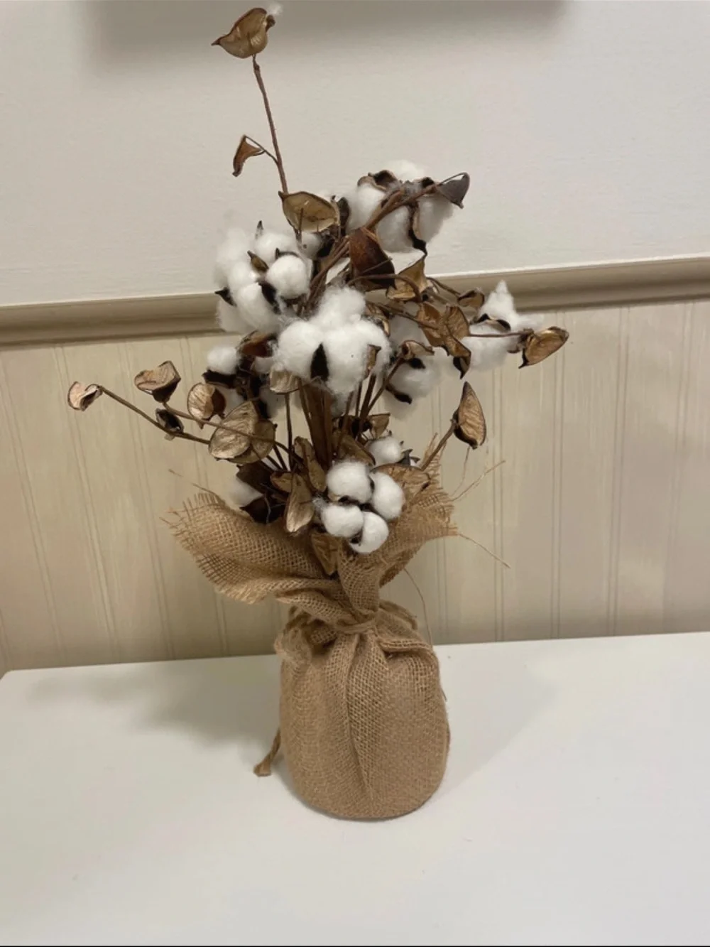Kirklands Cotton Stem Burlap Bundle - White & Brown